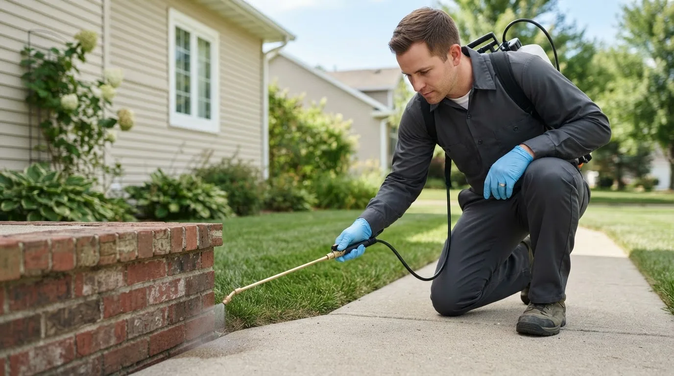 Pest control technician treating a home near Fletcher, OK