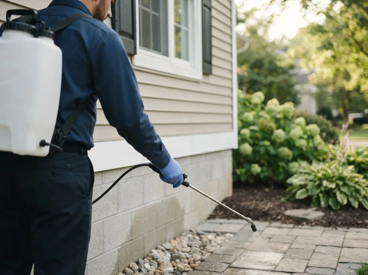 Pest control technician inspecting a home in Fletcher, OK